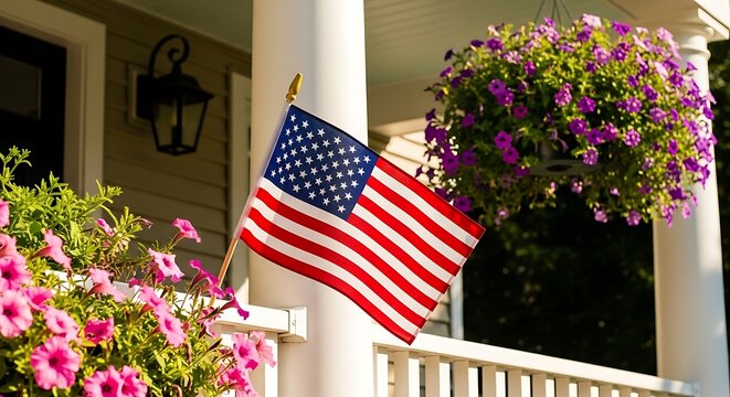 American flag on a house porch with flowers