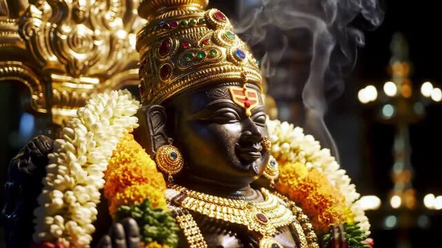 Sacred cinematic video of Lord Venkateswara statue in a magnificent temple interior dramatic side angle composition emphasizing serenity and divine presence realistic dark stone sculpture with extraor