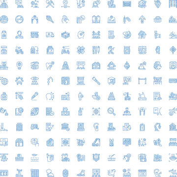 Large set of blue line icons covering diverse concepts from business, finance, and technology to health, nature, and travel, all presented in a sketch art style on a clean white background