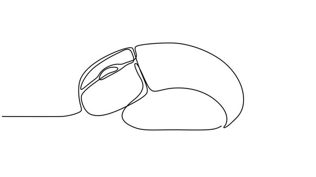 Self animated continuous one line drawing of computer mouse. Full length one line 4k animation video,  Computer optical mouse tool one line art animation, hand drawn input office device, idea laptop.