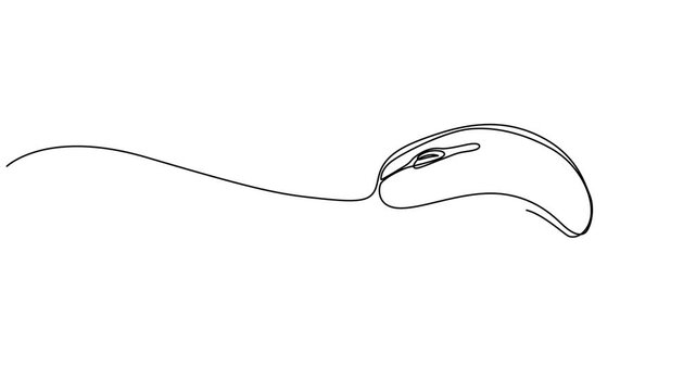 Self animated continuous one line drawing of computer mouse. Full length one line 4k animation video,  Computer optical mouse tool one line art animation, hand drawn input office device, idea laptop.