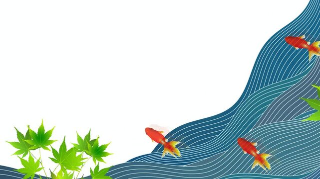 Goldfish swimming among maple leaves and waves 4K