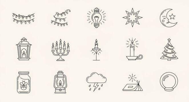 A collection of various festive and decorative icons including a string lights, menorah, and Christmas tree on a plain surface.