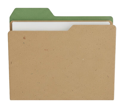 Brown recycled folder with green tab and white papers for business storage isolated transparent background image