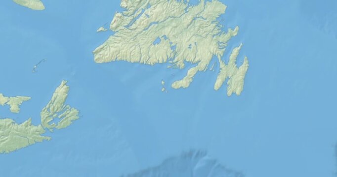 Saint Pierre and Miquelon on Globe. Zoom into the country with Earth spinning on dark background. Physical world map with Saint Pierre and Miquelon and label on it. Country view animation.