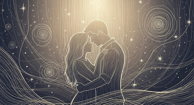 Couple embracing warmly under starry night sky with celestial swirls