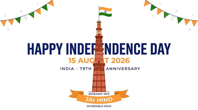 Indian independence day greeting card with qutub minar, national flag, 79th anniversary celebration vector