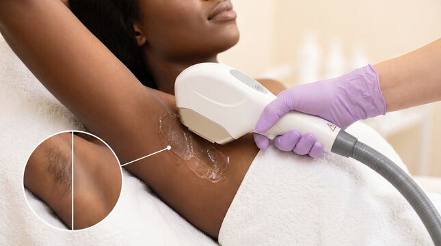 African woman receiving hair removal treatment with an epilator device on her underarm in a beauty salon, close-up view of the procedure and skin condition