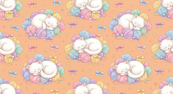 Watercolor seamless pattern featuring cute white fluffy kittens sleeping peacefully on colorful pastel balls of yarn, decorated with little bows, stars, and hearts on a peach background.