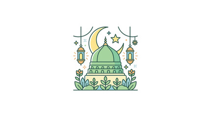 Green dome mosque with lanterns and floral designs © Jason