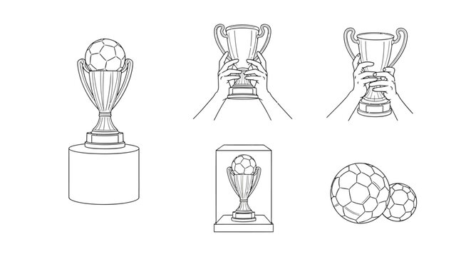 Soccer championship trophies and balls for sports victory
