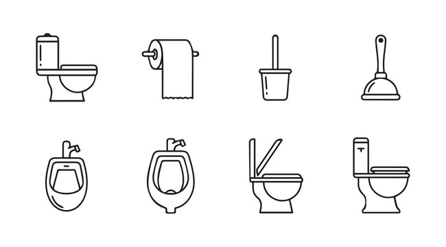 Clean bathroom icons with toilet bidet urinal and accessories in flat line art style