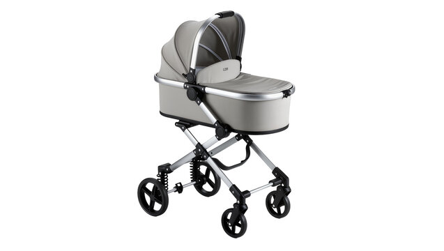 Modern grey baby pram with silver frame and black wheels, isolated on transparent background