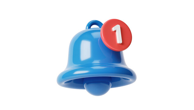 Shiny blue notification bell with red circle and number 1, isolated on transparent background