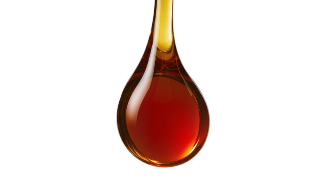 Amber viscous liquid drop falling, isolated on transparent background