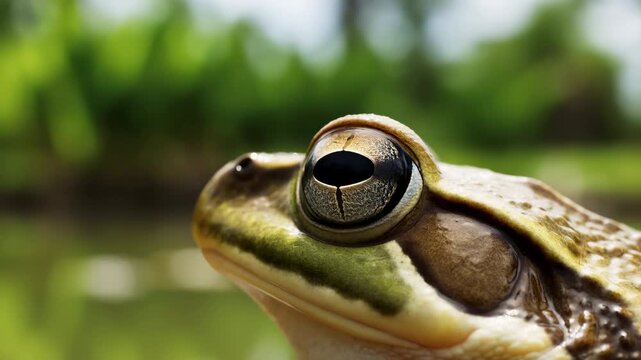 Close-up frog head with focused eye against blurred green natural background