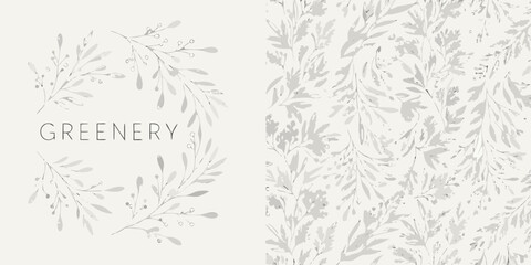 Floral ornament with sketched leaves and stems on a pale beige background botanical foliage leafy © Mitali