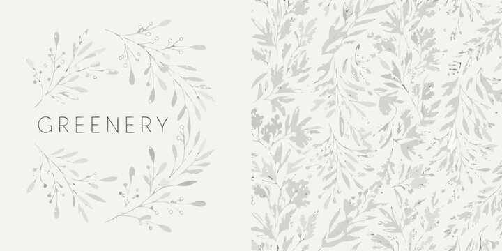 Floral ornament with sketched leaves and stems on a pale beige background botanical foliage leafy