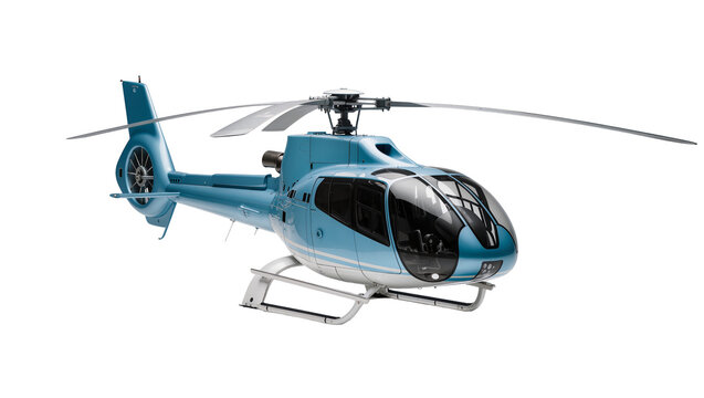 Light blue helicopter with dark tinted windows, isolated on transparent background