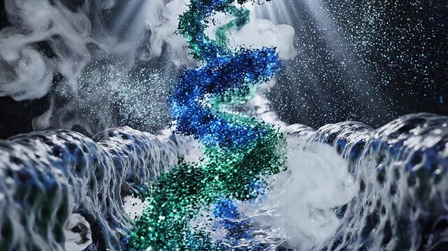 High density quantum cellular fluid cascade with orbital light loop / 細胞組織を高速で循環・充填するブルーと翡翠色粒子の流体抽象ループ2