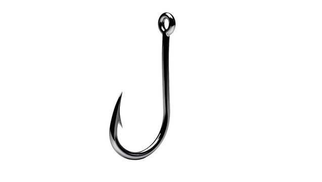 Shiny metallic fishing hook with sharp barb, isolated on transparent background
