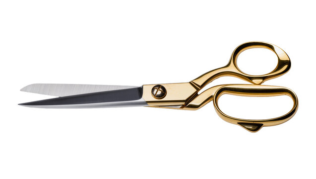 Shiny gold tailor scissors with sharp blades, isolated on transparent background
