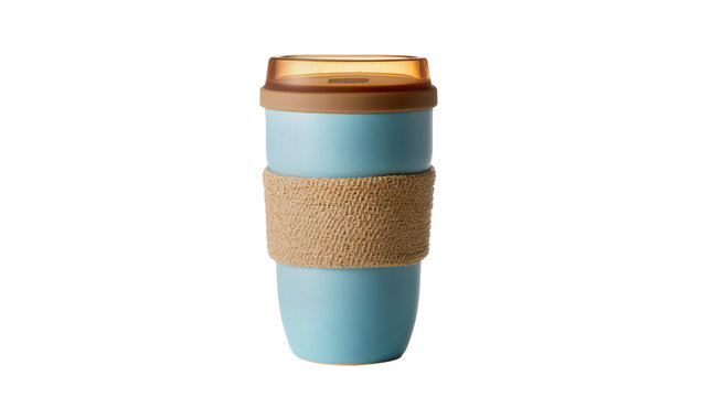 Light blue reusable travel mug with brown lid and textured grip, isolated on transparent background