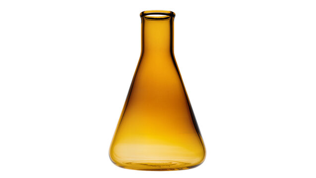 Amber glass Erlenmeyer flask with narrow neck, isolated on transparent background