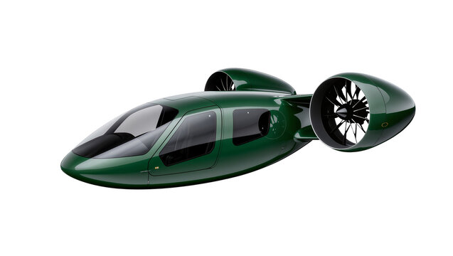 Sleek green futuristic VTOL aircraft with twin ducted fans, isolated on transparent background