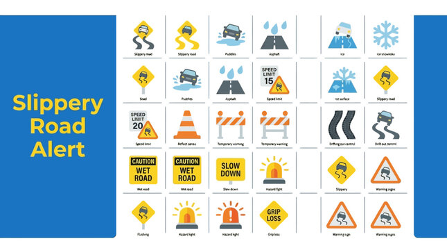 Slippery Road Conditions Alert Icons Wet Weather and Hazardous Driving Warnings