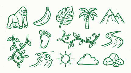 Collection of hand-drawn jungle and nature elements including a gorilla, banana, palm tree, mountains, and rivers. © logan