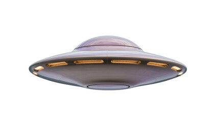 Metallic flying saucer with glowing orange lights, isolated on transparent background © Nolan