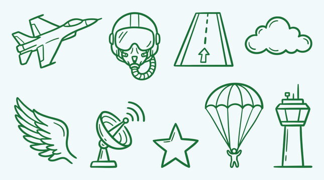 Collection of aviation and military icons including a fighter jet, pilot helmet, runway, cloud, wings, radar, star, parachute, and control tower.