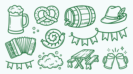 Naklejka premium Collection of Oktoberfest icons and symbols in a doodle style, perfect for festive designs.
