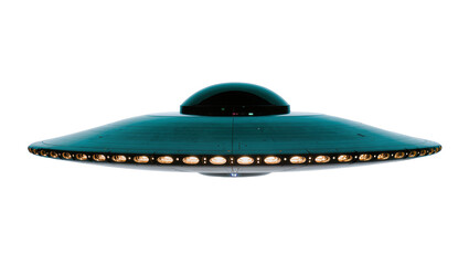 Retro flying saucer with dome and lights, isolated on transparent background © Nolan