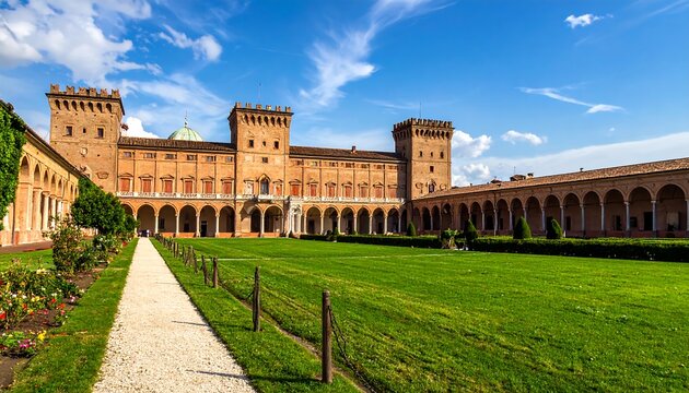 Grand brick building with arches overlooking a lawn on a sunny day with dramatic blue sky and white clouds