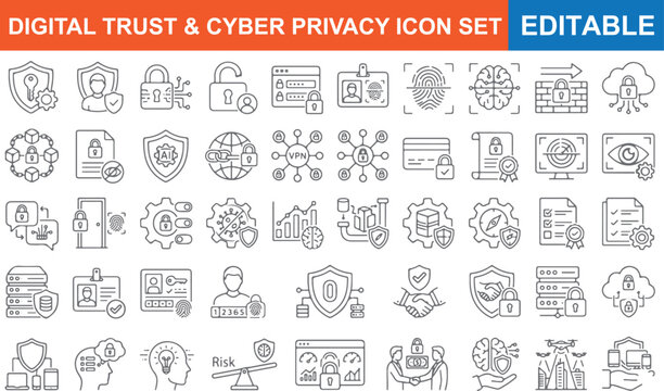 Editable digital trust and cyber privacy icon set isolated on transparent background