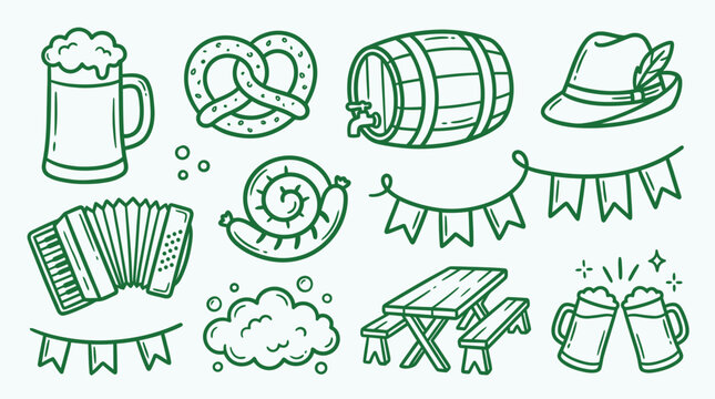 Collection of Oktoberfest icons and symbols in a doodle style, perfect for festive designs.