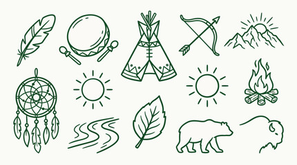 Collection of Native American and nature-themed line art icons including a feather, dreamcatcher, teepee, and animals. © logan