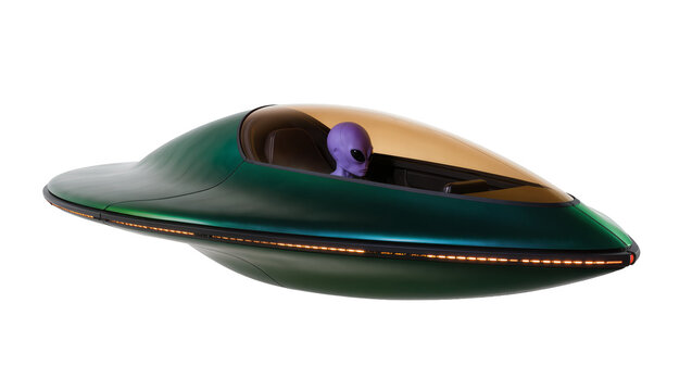 Green alien spaceship with purple extraterrestrial pilot, isolated on transparent background