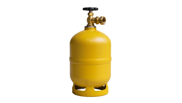 Yellow propane gas cylinder with brass valve and black handle, isolated on transparent background