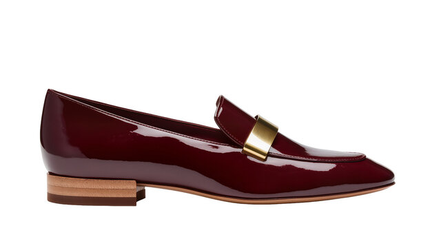Shiny burgundy patent leather loafer with gold buckle, isolated on transparent background
