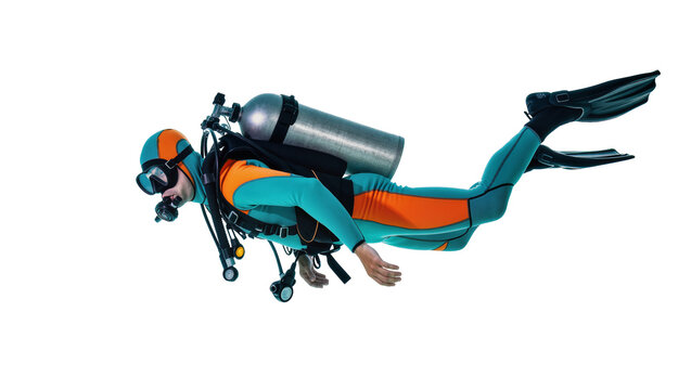 Scuba diver in teal and orange wetsuit with scuba gear, isolated on transparent background