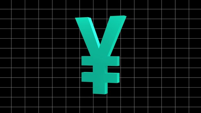 3D Chinese yuan yen currency sign rotating with financial data charts and global trading indicators.