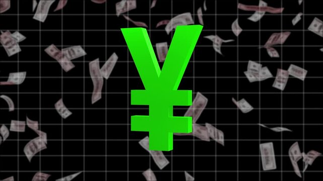 3D Chinese yuan yen currency sign rotating with financial data charts and global trading indicators.