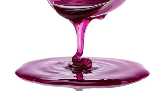 Viscous purple liquid pouring from glass creating ripples, isolated on transparent background