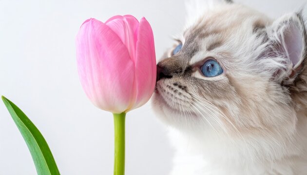 Adorable fluffy white ragdoll kitten with blue eyes playing with a pink ball of yarn