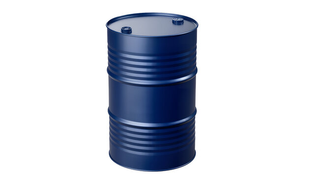 Dark blue metal industrial barrel with ribbed texture, isolated on transparent background