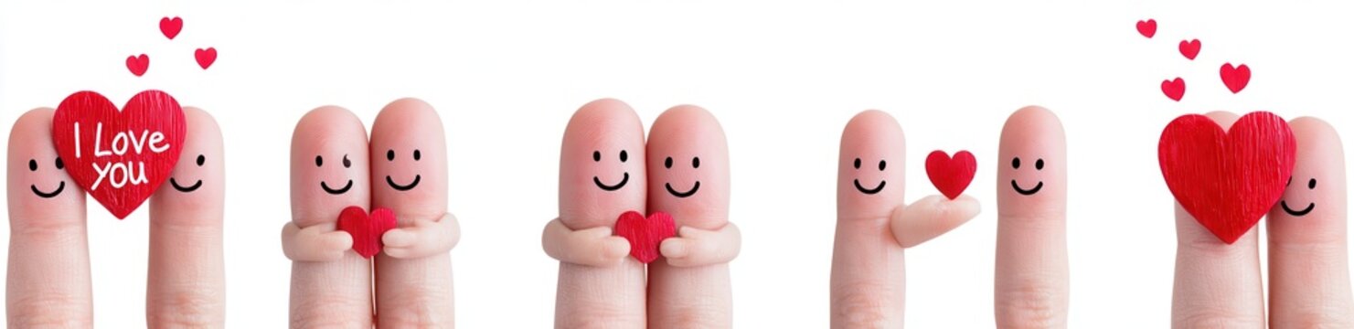 Fingers with faces express love and happiness in creative ways while holding hearts