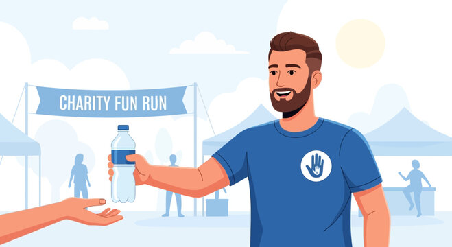 Volunteer offering water bottle at charity fun run event, helping participants stay hydrated